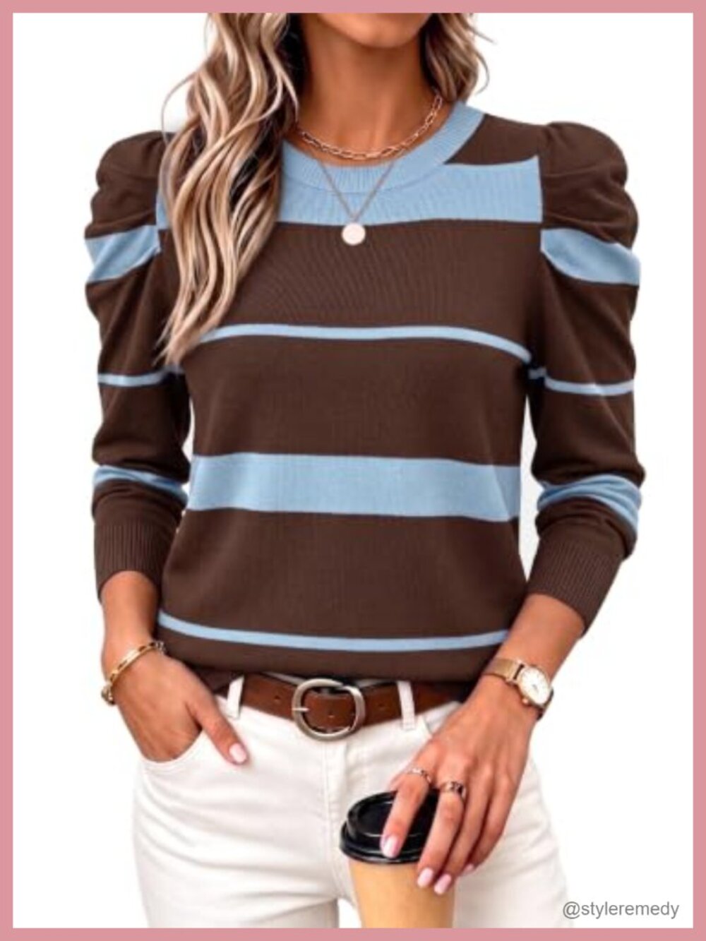 Womens Puff Sleeve Crew Neck Pullover Sweater Long Sleeve Knit Top
